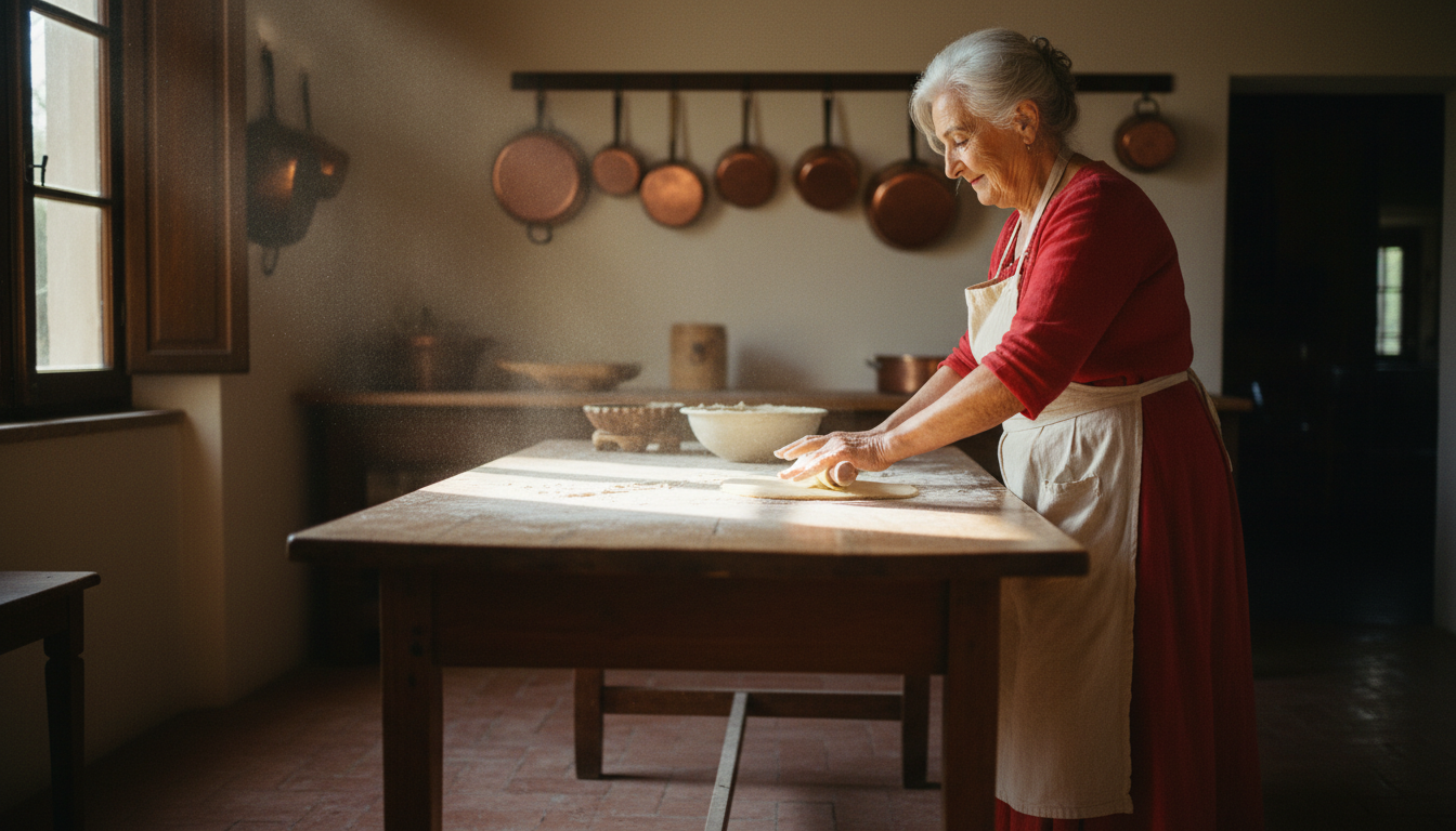 Elderly Italian grandmother in a cream apron rolling pasta dough at a rustic wooden table, warm golden light, copper pots in the background