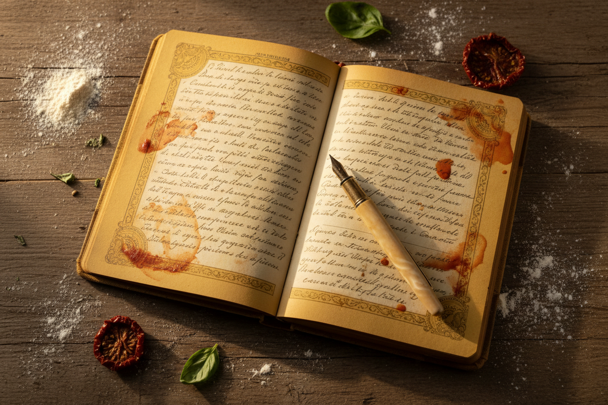 An old yellowed handwritten Italian recipe notebook with tomato sauce stains, on a rustic wooden kitchen table, soft afternoon light
