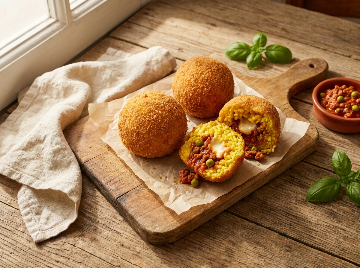 Arancini al ragù on a rustic plate